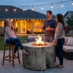Friends gathered around the chat-height Elementi Warren fire table at dusk, one seated on a bar stool