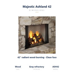 Majestic Ashland 42 wood burning fireplace specs, natural gray refractory