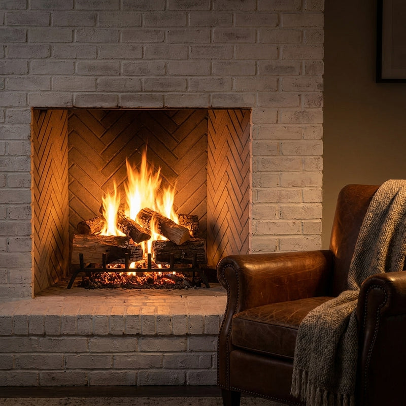 Majestic Ashland 42 wood burning fireplace with natural gray refractory in a whitewashed brick chimney, burning