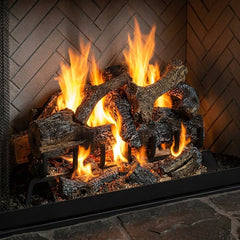 Flame detail: Majestic Ashland 42 wood burning fireplace with natural gray refractory in a whitewashed brick chimney, burning