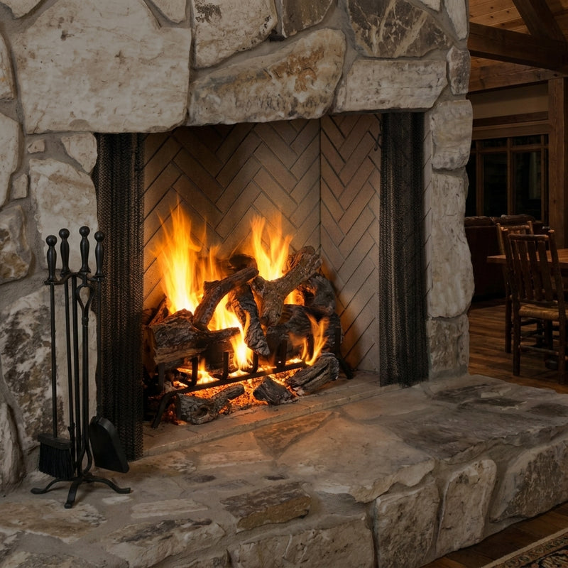 Majestic Ashland 50 wood burning fireplace with natural gray refractory in a fieldstone chimney, blazing
