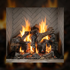 Flame detail: Majestic Ashland 50 wood burning fireplace with natural gray refractory in a fieldstone chimney, blazing