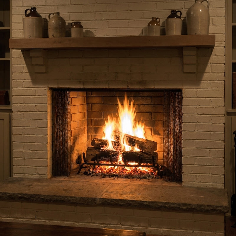 Majestic Biltmore 42 radiant wood burning fireplace in a painted brick chimney, burning at evening