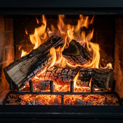 Flame detail: Majestic Biltmore 42 radiant wood burning fireplace in a painted brick chimney, burning at evening