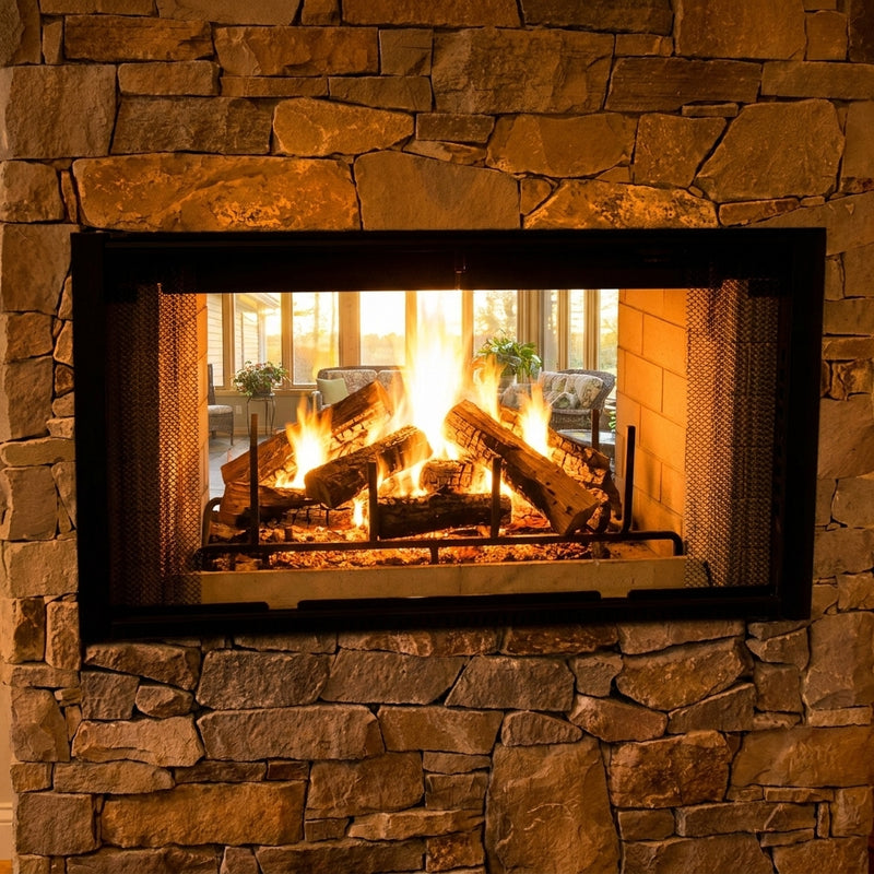 Majestic 42 Designer see-through wood burning fireplace in a stacked stone wall, burning