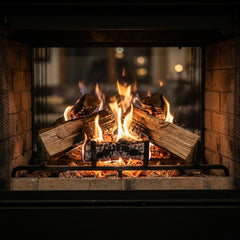 Flame detail: Majestic 42 Designer see-through wood burning fireplace in a stacked stone wall, burning