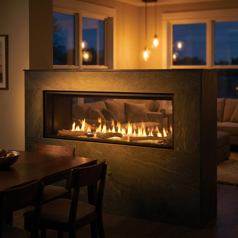 Majestic Echelon II 36 see-through linear gas fireplace in a room divider, burning at evening