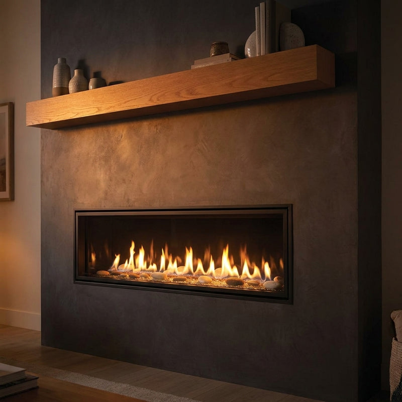 Majestic Echelon II 48 linear direct vent gas fireplace installed in a charcoal media wall, burning at evening