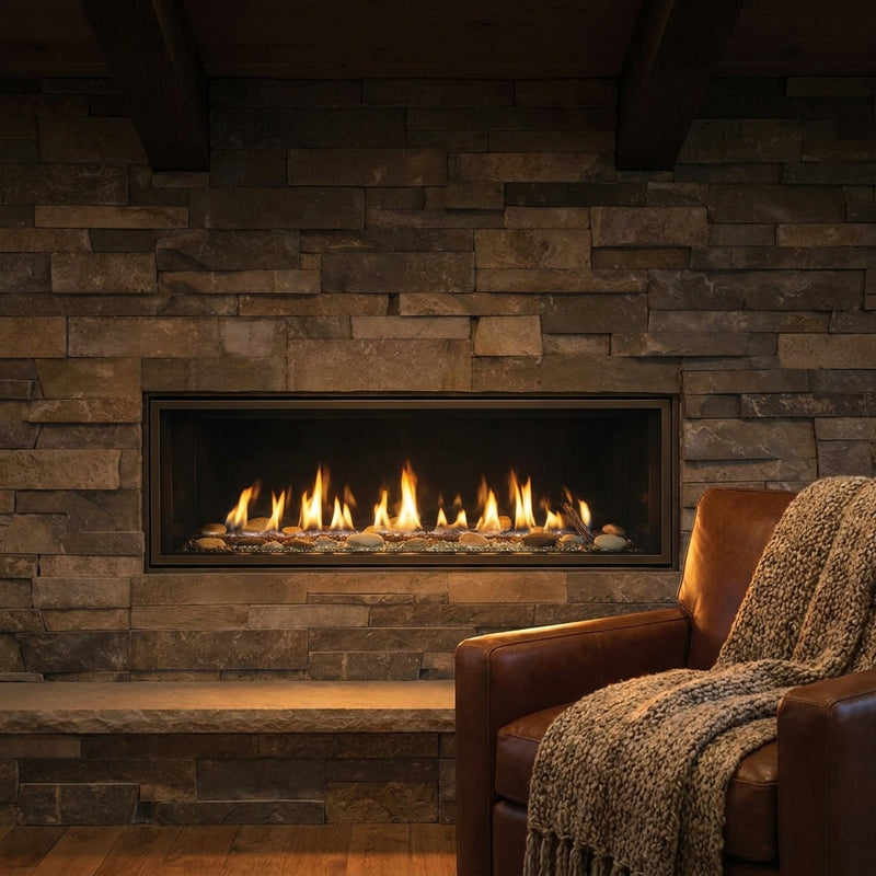 Majestic Echelon II 60 linear gas fireplace burning in a ledgestone wall at night