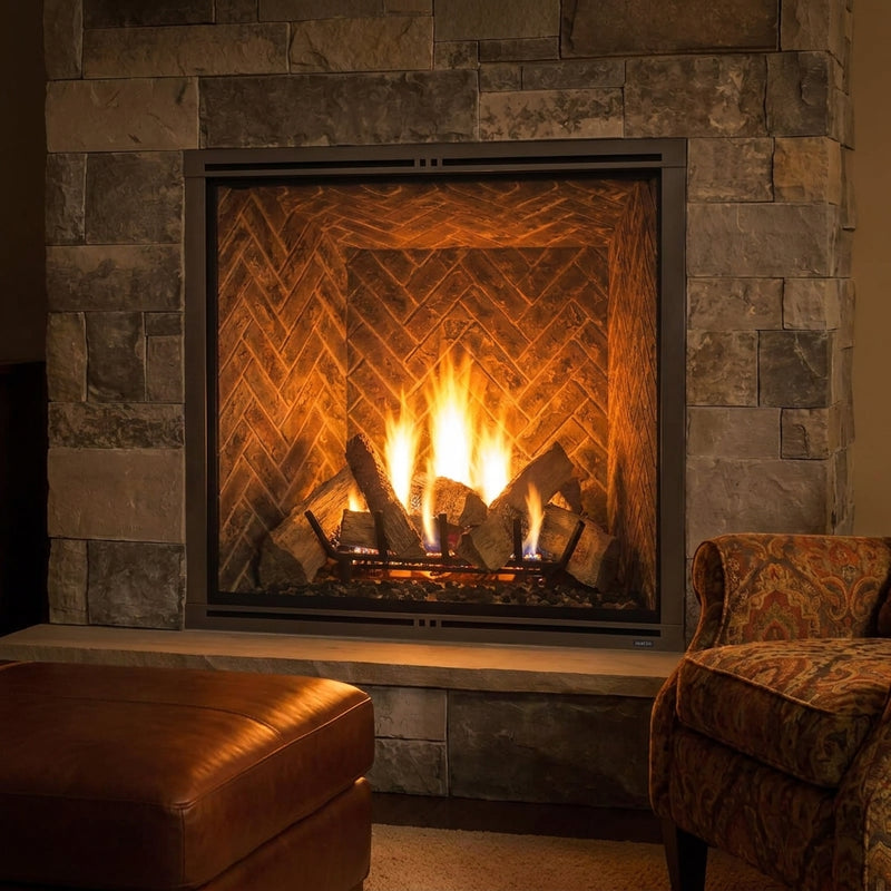 Majestic Marquis II 42 gas fireplace burning in a stone chimney breast at night