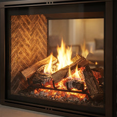 Split log fire and herringbone brick inside the Majestic Marquis II 42 see-through