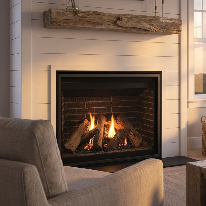 Majestic Meridian 36 direct vent gas fireplace in a white shiplap surround, burning at evening