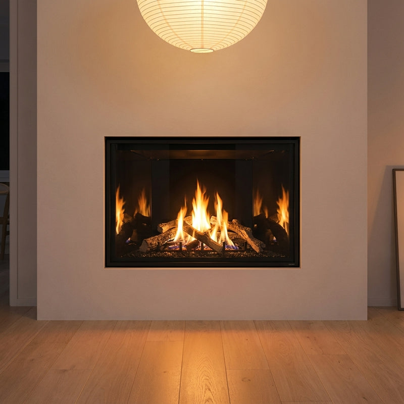 Majestic Meridian 36 Modern gas fireplace with reflective black glass interior in a plaster wall, burning