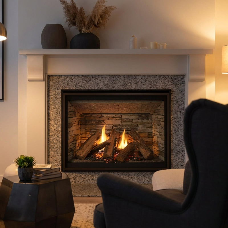 Majestic Meridian Platinum 36 direct vent gas fireplace in a white mantel surround, burning at evening