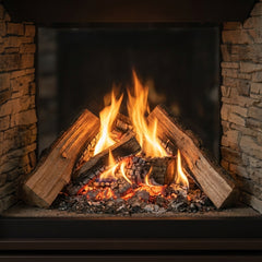 Flame detail: Majestic Meridian Platinum 36 direct vent gas fireplace in a white mantel surround, burning at evening