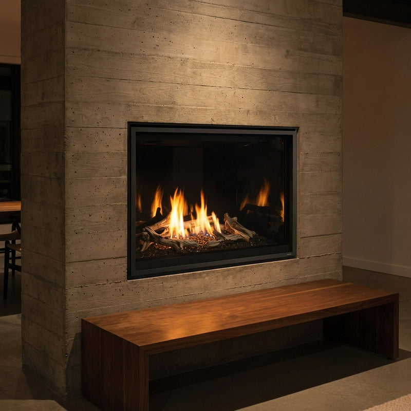 Majestic Meridian 42 Modern gas fireplace with reflective black glass interior in a concrete wall, burning