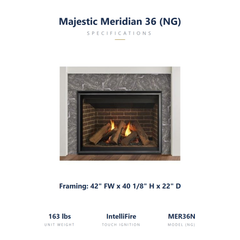 Majestic Meridian 36 NG direct vent gas fireplace with log set, burning at evening