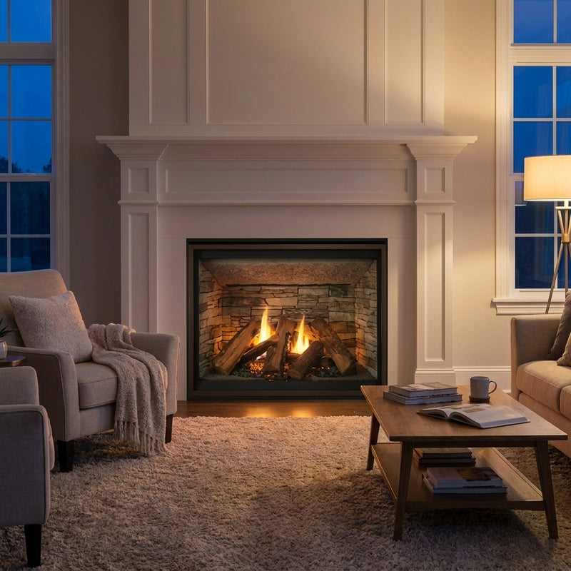 Majestic Meridian Platinum 36 direct vent gas fireplace burning in a white mantel surround in an elegant living room at dusk