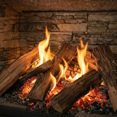 Split-oak log set burning over the stacked-stone liner inside the Majestic Meridian Platinum 36