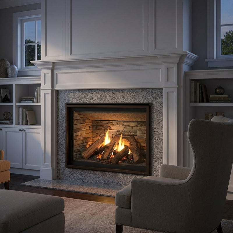 Majestic Meridian Platinum 42 gas fireplace burning in a white mantel surround at dusk