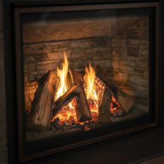 Split log fire inside the Majestic Meridian Platinum 42