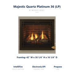 Majestic Quartz Platinum 36 LP direct vent gas fireplace, burning at evening