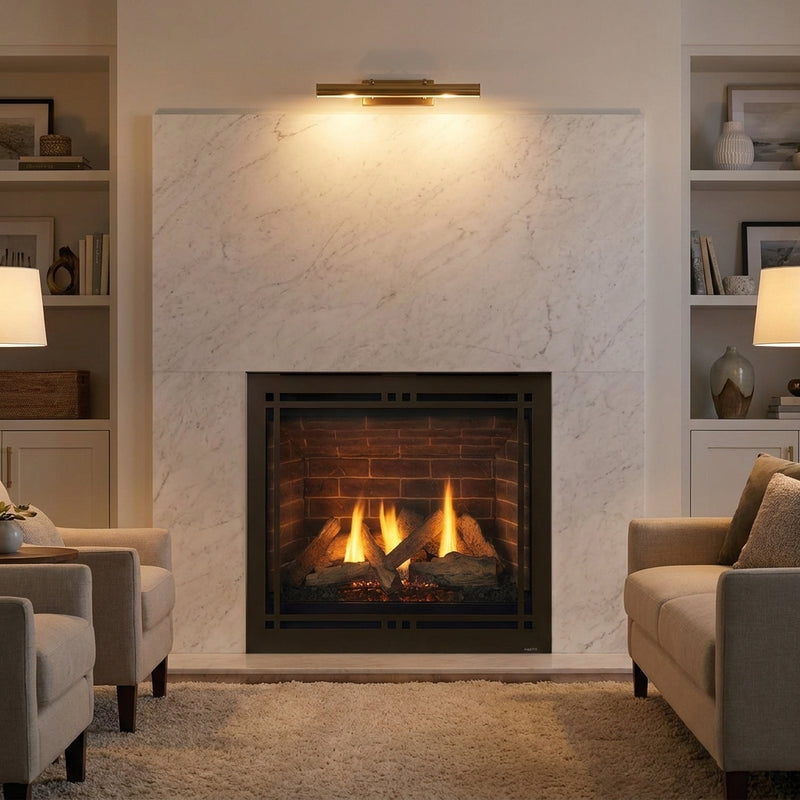 Majestic Quartz Platinum 36 LP direct vent gas fireplace, burning at evening