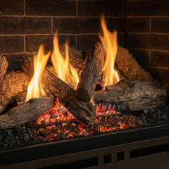 Flame detail: Majestic Quartz Platinum 36 LP direct vent gas fireplace, burning at evening