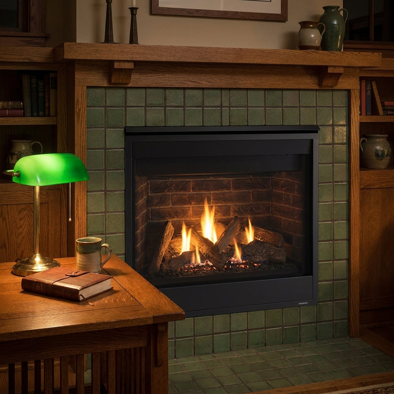 Majestic Quartz 42 direct vent gas fireplace in a craftsman tile surround, burning at evening