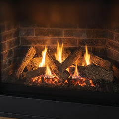 Flame detail: Majestic Quartz 42 NG direct vent gas fireplace, burning at evening
