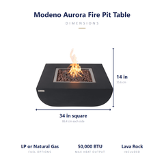 Modeno Aurora fire pit table dimensions: 34 inches square, 14 tall, 50,000 BTU