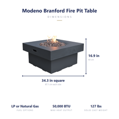 Modeno Branford fire pit table dimensions: 34.3 inches square, 16.9 tall, 50,000 BTU, 127 lbs