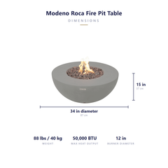 Modeno Roca fire pit table dimensions: 34 inch diameter, 15 inches tall, 88 lbs, 50,000 BTU