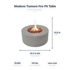 Modeno Tramore round fire pit table dimensions: 34.3 inch diameter, 14.6 inches tall, 50,000 BTU, 105 lbs