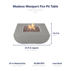 Modeno Westport fire pit table dimensions: 33.9 inches square, 14.2 tall, 50,000 BTU