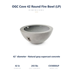 Outdoor Greatroom Cove 42 LP round fire bowl specs: 42 inch diameter, 265 lbs