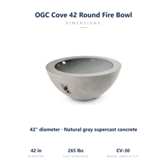 Outdoor Greatroom Cove 42 match-lit round fire bowl specs: 42 inch diameter, 265 lbs