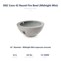 Outdoor Greatroom Cove 42 Midnight Mist fire bowl specs: 42 inch diameter, 265 lbs