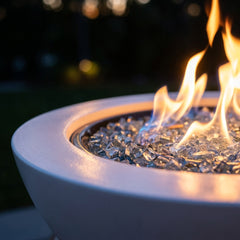 Close-up of flames in the White Outdoor Greatroom Cove 42 fire bowl
