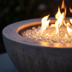 Outdoor Greatroom Cove 42 match-lit round fire bowl specs: 42 inch diameter, 265 lbs