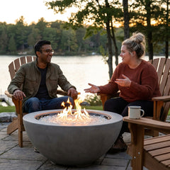 Outdoor Greatroom Cove 42 match-lit round fire bowl specs: 42 inch diameter, 265 lbs