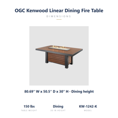 Outdoor Greatroom Kenwood linear dining fire table specs: 80.69 x 50.5 x 30 inches