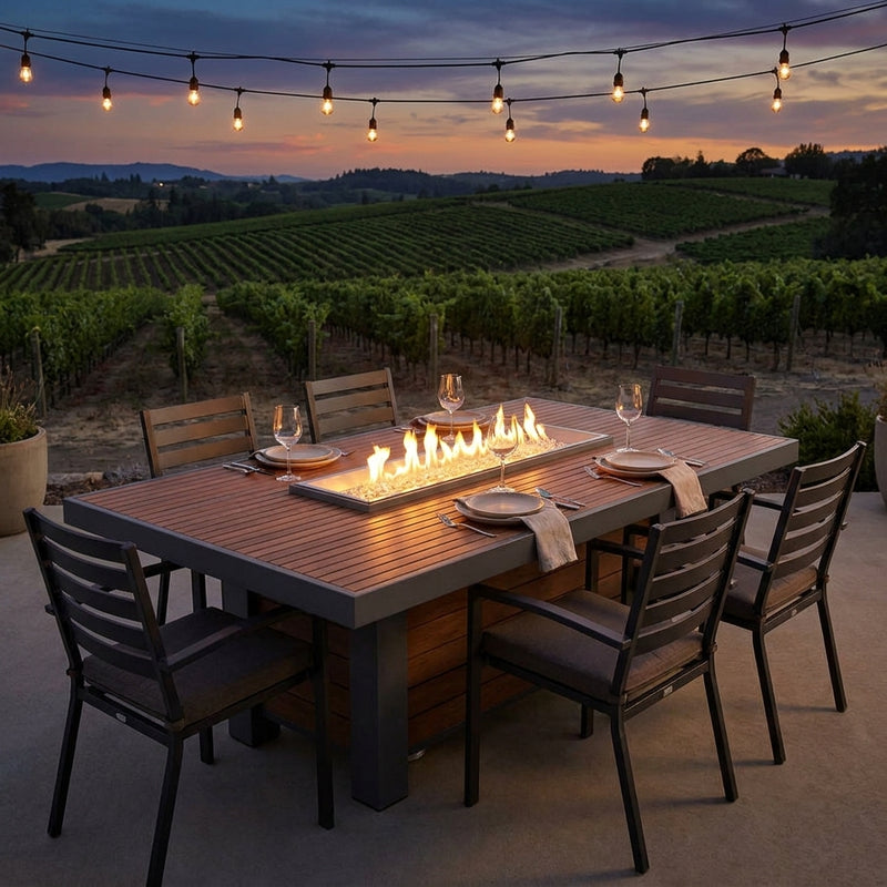 Outdoor Greatroom Kenwood linear dining-height fire pit table set for dinner at dusk