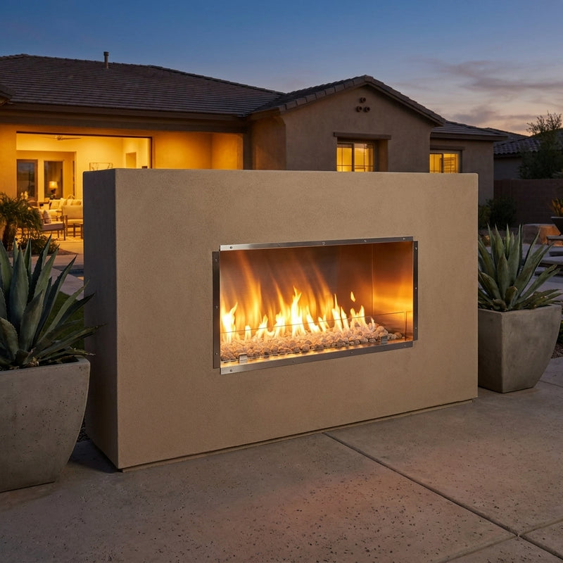 Outdoor Greatroom 40 inch single-sided ready-to-finish gas fireplace shown installed in an owner-finished wall at dusk