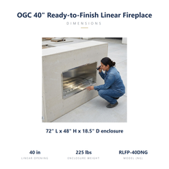 Outdoor Greatroom RLFP-40DNG specs: 72 x 18.5 x 48 inch ready-to-finish enclosure, 40 inch opening, 225 lbs