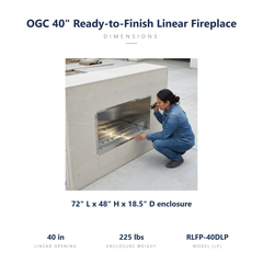 Outdoor Greatroom RLFP-40DLP specs: 72 x 18.5 x 48 inch ready-to-finish enclosure, 40 inch opening, 225 lbs