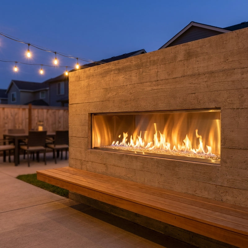 Outdoor Greatroom 60 inch single-sided ready-to-finish gas fireplace shown installed in an owner-finished wall at dusk
