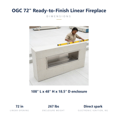 Outdoor Greatroom RLFP-72 specs: 108 x 18.5 x 48 inch ready-to-finish enclosure, 72 inch linear opening, 267 lbs
