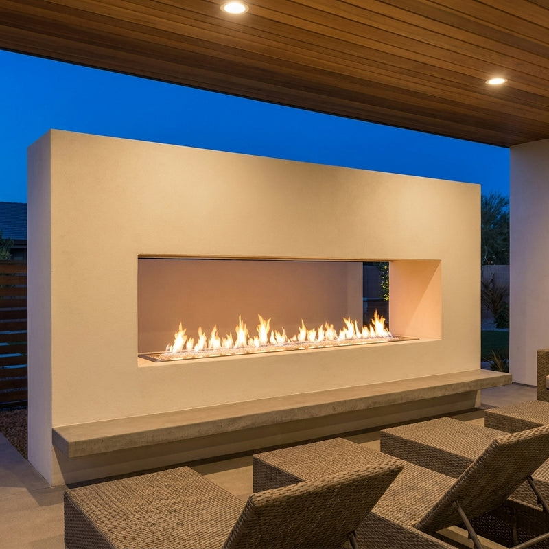 Outdoor Greatroom 72 inch single-sided ready-to-finish gas fireplace shown installed in an owner-finished stucco wall at dusk