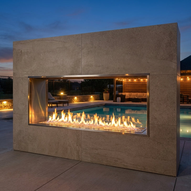 Outdoor Greatroom 60 inch see-through ready-to-finish gas fireplace shown installed in an owner-finished wall at dusk